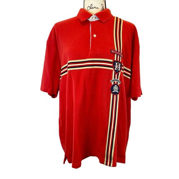Y2K 90'S TOMMY HILFIGER POLO SHIRT LYON CREST EMBROIDERED PATCHES SZ XL ICONIC - Picture 3 of 16